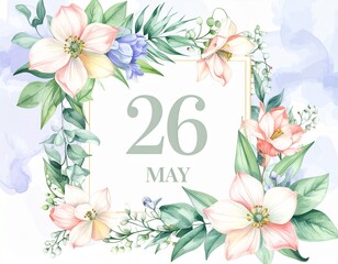 Calendar page with the date May 26 surrounded by flowers. Mother's Day background