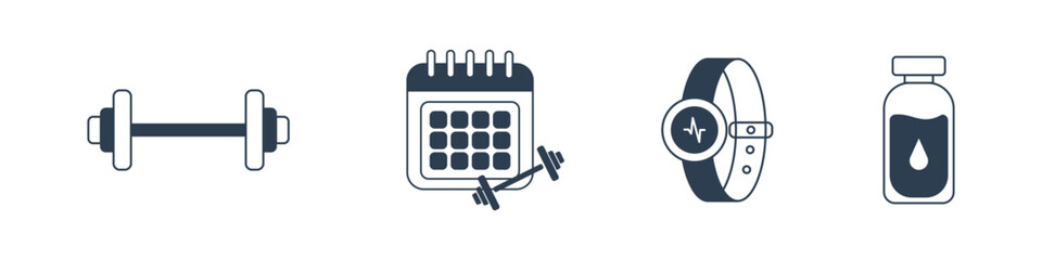 Set of fitness-themed icons including a dumbbell, workout calendar, smartwatch, and supplement bottle, ideal for health and exercise concepts.