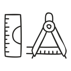 School Ruler and Compass Black Line Vector Icon for Educational Apps, Mathematics Lessons, and Engineering Tools on Transparent Background