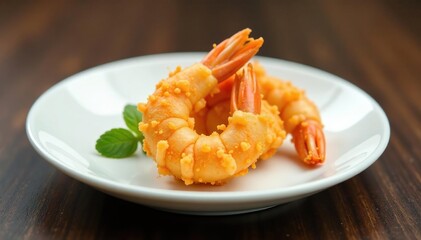 Single piece of tempura shrimp on white plate, simple, close up