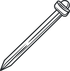 Black and white illustration of a metal nail with pointed tip and round head on white background