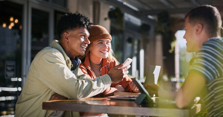 Education, students and technology with couple of friends on campus together for learning or study. College, smile or university with men and woman outdoor for communication, development or growth