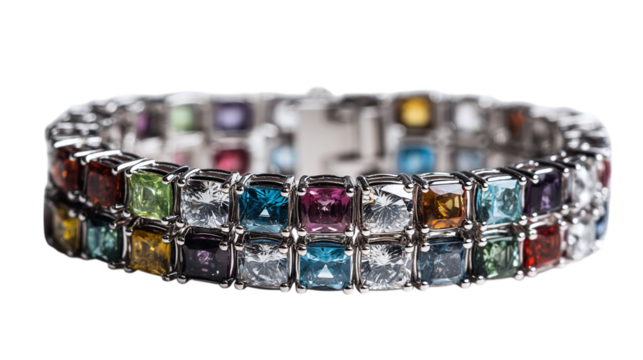 A detailed silver bracelet with gemstones, transparent background