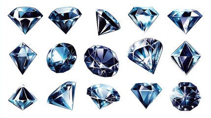 Collection of sparkling blue diamonds, isolated on white background, ideal for jewelry advertising