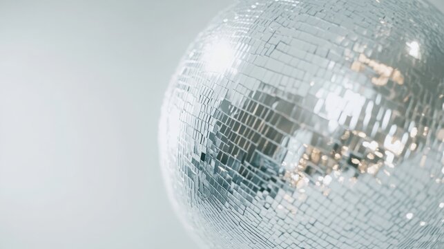 Silver disco ball on white background. Party decoration close-up.