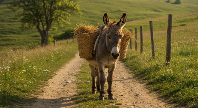 Donkey Carrying Baskets Illustration