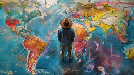Back view of a man in a hat standing on a colorful map of the world