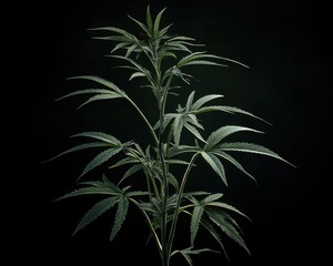 Fototapeta premium A vibrant green cannabis plant against a dark background, highlighting its intricate leaf structure.