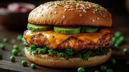 A burger with cheese vegetables and sesame seed bun on a wooden surface.