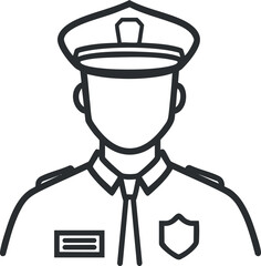 Line art illustration of a police officer wearing uniform with badge and hat, representing law enforcement and security.