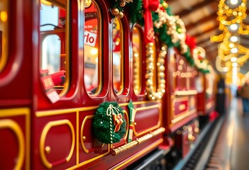red train with christmas decorations on the side of it