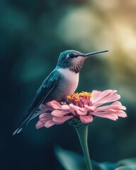 Naklejka premium A hummingbird perched gracefully on a vibrant pink flower, showcasing iridescent feathers in soft light.