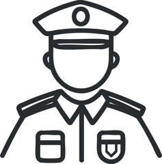 Line art icon of a police officer in uniform with badge and hat representing law enforcement and security