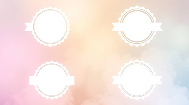 Pastel background with four white circular labels with ribbons for text placeholders arranged in a grid created with generative ai
