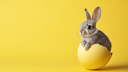 A bunny hatches from a yellow egg on a yellow background for an Easter greeting card