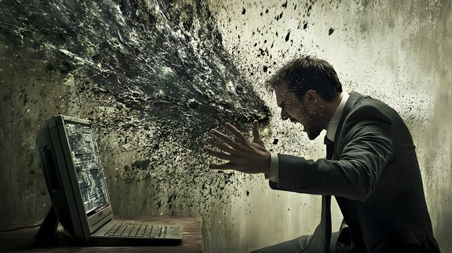 Frustrated businessman reacting to a computer malfunction.