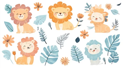 Cute cartoon lions with flowers and leaves for kids illustration, wallpaper