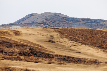 Kusasenri landscape, Kusasenrigahama, Mount Aso and Komezuka volcano, Nakadake peak, Aso-Kuju National Park hiking, Kyushu island region, Kumamoto prefecture, Japan, volcanic desert landscape view