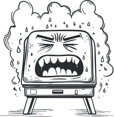 Black and white cartoon illustration of an angry computer monitor screen showing frustration and rage.
