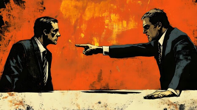 Two figures in business suits engage in a tense confrontation.