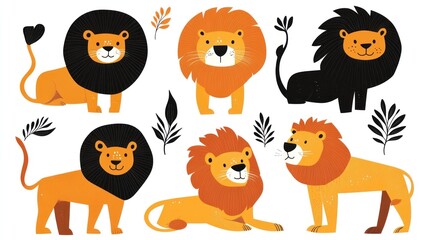 Six cute cartoon lions, various poses, white background, kids illustration