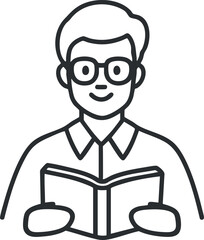 Outline icon of a young man wearing glasses reading a book with a smile on white background