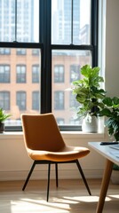 Modern chair by window, city view