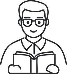 Line art icon of a man wearing glasses reading a book representing education and knowledge