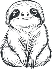 Black and white line art illustration of a cute smiling sloth sitting with detailed fur and claws