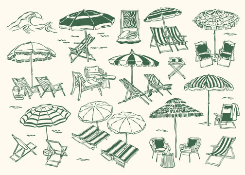 Sketch style collection of lounge chairs. Travel and vacation doodles.