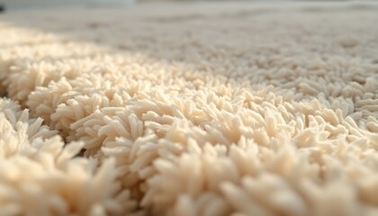 close up of a white carpet with a black cat in the background