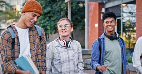 Students, education and walking to university class, talking and share knowledge on module. People, friends and outside for group project discussion, study and together for trip to college class