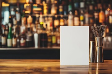 Blank menu card on bar counter, blurred background