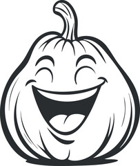 Black and white cartoon illustration of a happy smiling pumpkin with a joyful expression