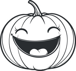 Black and white cartoon illustration of a smiling pumpkin with a happy face perfect for Halloween or autumn themes.