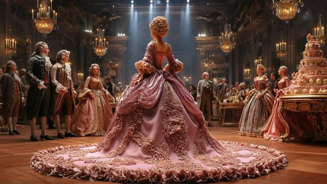 Elegant woman in lavish gown at grand ballroom event with opulent setting, chandeliers and party guests