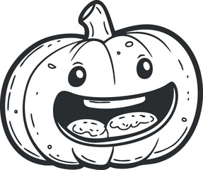 Black and white cartoon illustration of a happy smiling pumpkin with expressive face and seeds