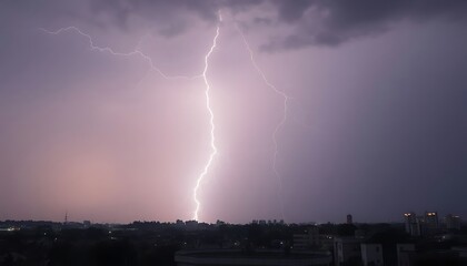 lightning bolt hitting over a city at night