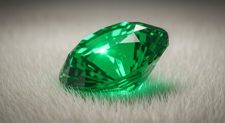 Fototapeta premium Close up of Green Emerald Gemstone on a White Fluffy Surface