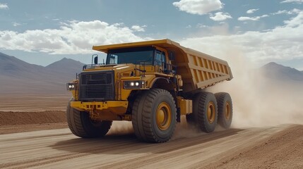 Obraz premium Desert mine haul truck driving, dust