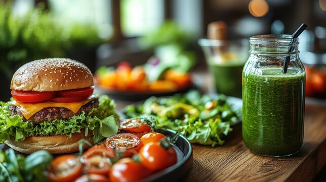 Burger salad tomatoes and green smoothie on table healthy food concept.
