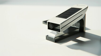 Photorealistic image of a solar-powered window sensor on a white background
