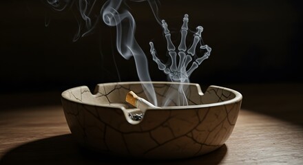 A cigarette butt crushed into a cracked ashtray, smoke morphing into skeletal hands reaching upward