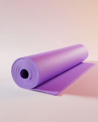 A vibrant purple yoga mat rolled up, ready for practice in a calming environment.