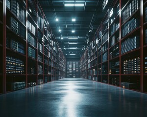 Fototapeta premium A vast data center filled with rows of server racks, illuminated under bright overhead lights.