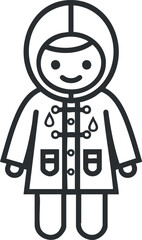 Simple black and white line illustration of a smiling child wearing a hooded raincoat with pockets