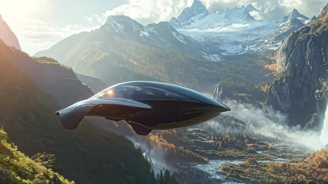 Futuristic Flying Car Freely Soaring Through Majestic Mountains and Rivers