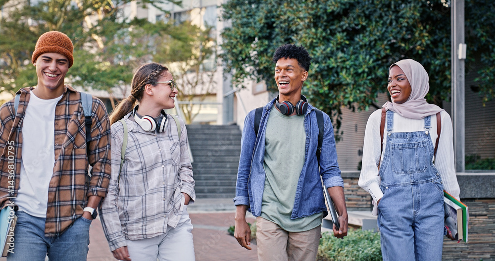 Poster students, group and walking to university class, talking and share knowledge on module. people, frie