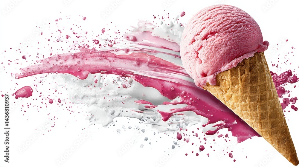 Poster delicious ice cream cone featuring a pink scoop with a delightful dripping texture set against a cle
