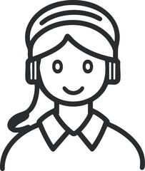 Outline icon of a customer service representative wearing a headset smiling, symbolizing support and communication
